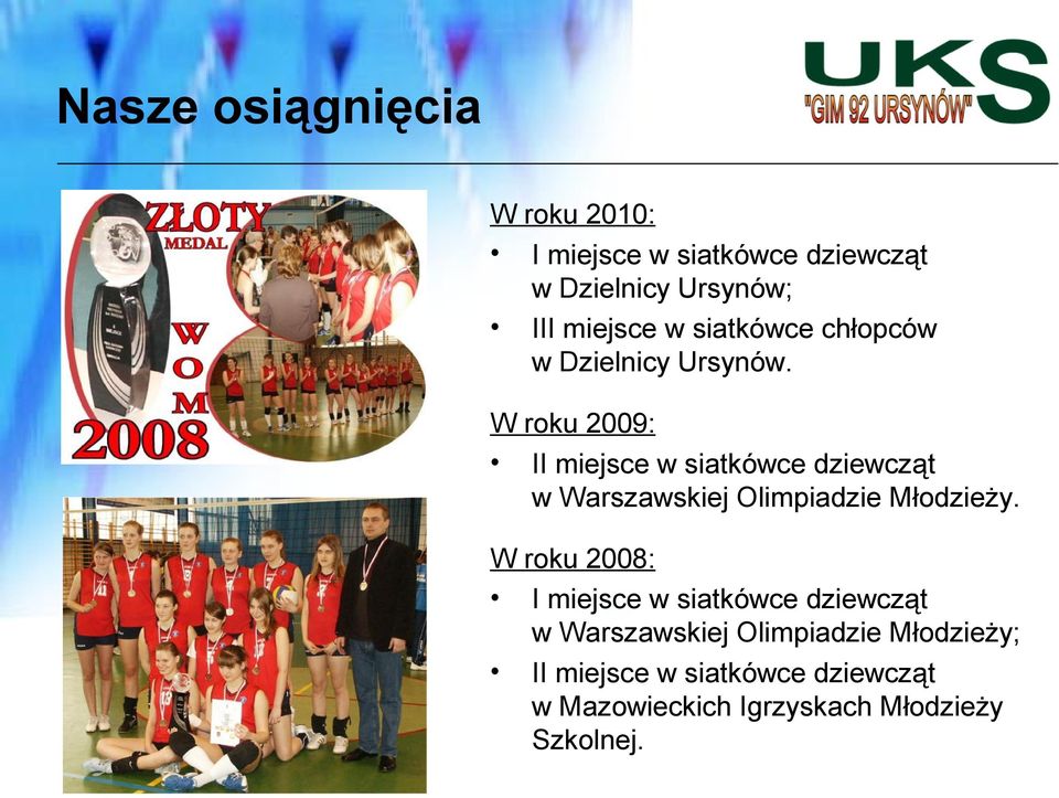 W roku 2009: II miejsce w siatkówce dziewcząt w Warszawskiej Olimpiadzie Młodzieży.