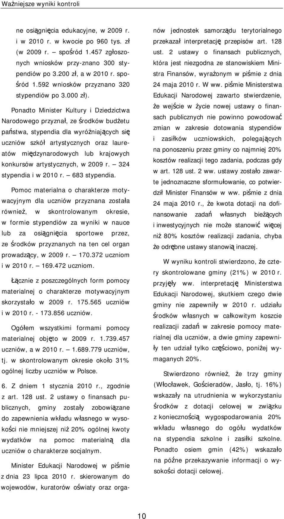 Ponadto Minister Kultury i Dziedzictwa Narodowego przyznał, ze środków budżetu państwa, stypendia dla wyróżniających się uczniów szkół artystycznych oraz laureatów międzynarodowych lub krajowych