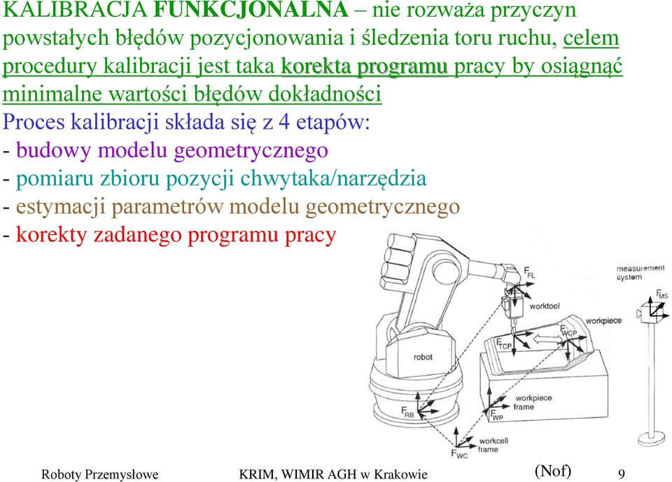 kalibracji składa się z 4 etapów: - budowy modelu geometrycznego - pomiaru zbioru pozycji chwytaka/narzędzia -