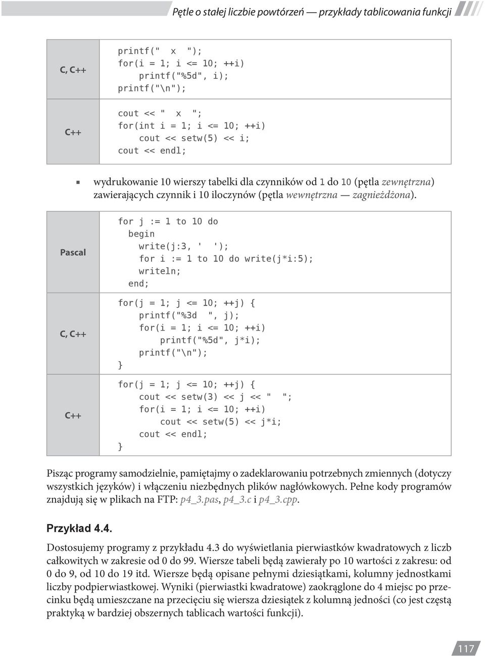 for j := 1 to 10 do write(j:3, ' '); for i := 1 to 10 do write(j*i:5); writeln; for(j = 1; j <= 10; ++j) { printf("%3d ", j); for(i = 1; i <= 10; ++i) printf("%5d", j*i); printf("\n"); for(j = 1; j