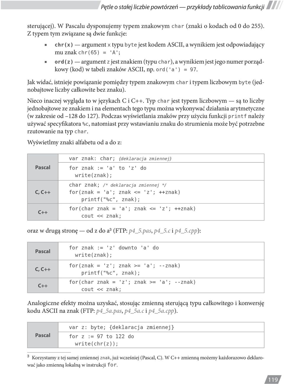 jego numer porządkowy (kod) w tabeli znaków ASCII, np. ord('a') = 97. Jak widać, istnieje powiązanie pomiędzy typem znakowym char i typem liczbowym byte (jednobajtowe liczby całkowite bez znaku).