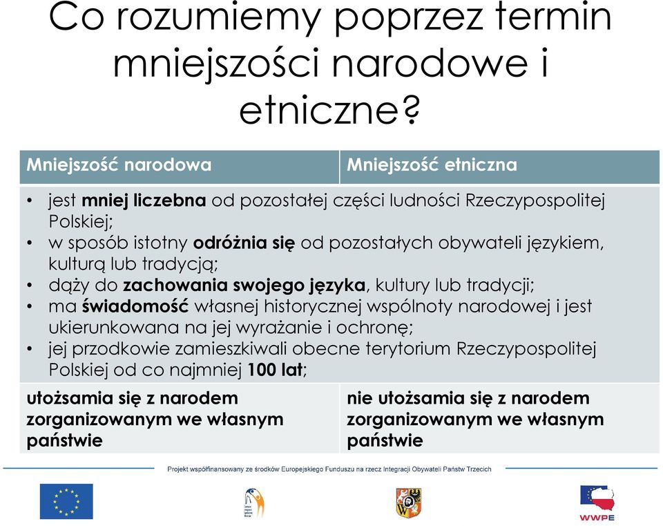 pozostałych obywateli językiem, kulturą lub tradycją; dąży do zachowania swojego języka, kultury lub tradycji; ma świadomość własnej historycznej wspólnoty