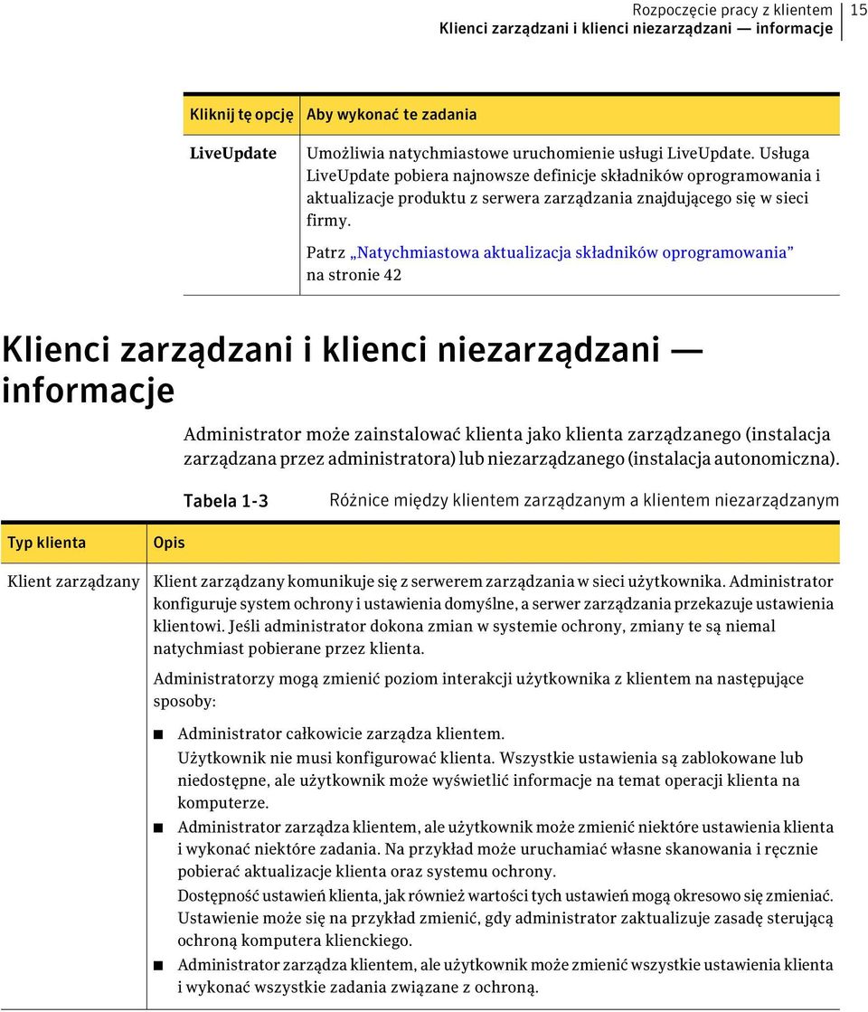 Patrz Natychmiastowa aktualizacja składników oprogramowania na stronie 42 Klienci zarządzani i klienci niezarządzani informacje Administrator może zainstalować klienta jako klienta zarządzanego