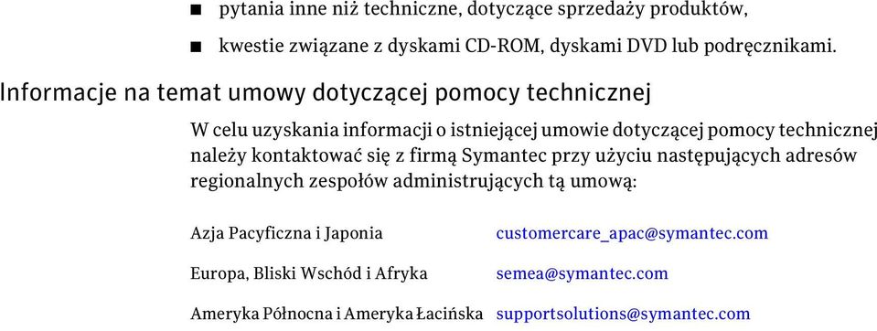 należy kontaktować się z firmą Symantec przy użyciu następujących adresów regionalnych zespołów administrujących tą umową: Azja Pacyficzna