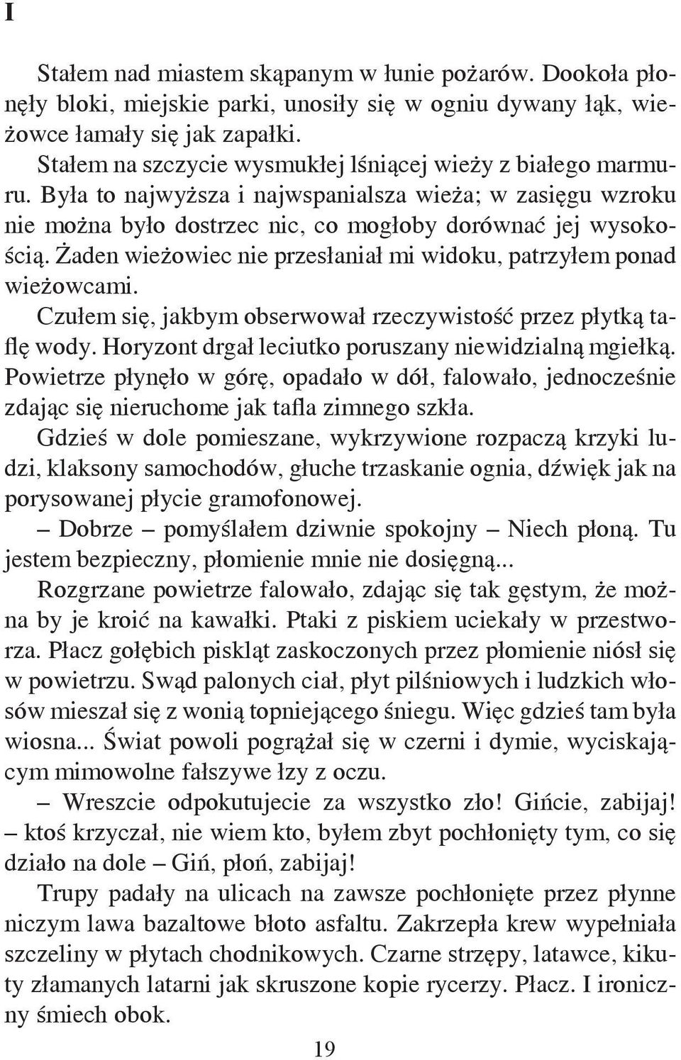 Żaden wieżowiec nie przesłaniał mi widoku, patrzyłem ponad wieżowcami. Czułem się, jakbym obserwował rzeczywistość przez płytką taflę wody. Horyzont drgał leciutko poruszany niewidzialną mgiełką.