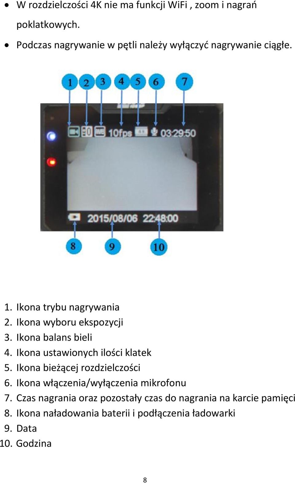 Ikona wyboru ekspozycji 3. Ikona balans bieli 4. Ikona ustawionych ilości klatek 5.