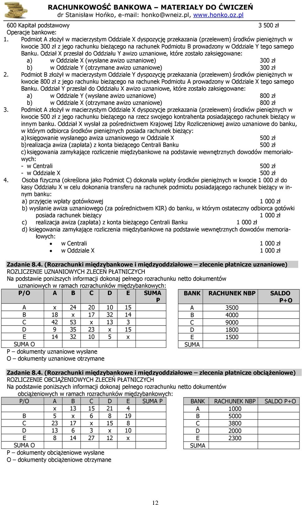 Banku. Odział X przesłał do Oddziału Y awizo uznaniowe, które zostało zaksięgowane: a) w Oddziale X (wysłane awizo uznaniowe) 300 zł b) w Oddziale Y (otrzymane awizo uznaniowe) 300 zł 2.