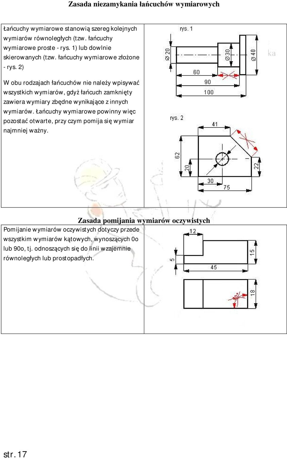 2) W obu rodzajach łańcuchów nie należy wpisywać wszystkich wymiarów, gdyż łańcuch zamknięty zawiera wymiary zbędne wynikające z innych wymiarów.