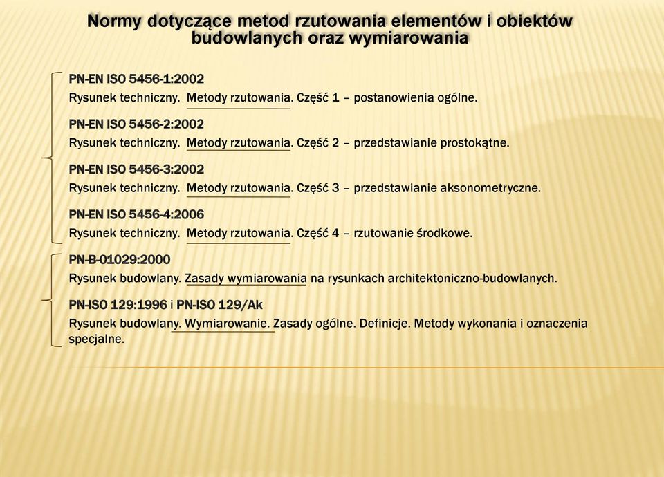 Metody rzutowania. Część 3 przedstawianie aksonometryczne. PN-EN ISO 5456-4:2006 Rysunek techniczny. Metody rzutowania. Część 4 rzutowanie środkowe.