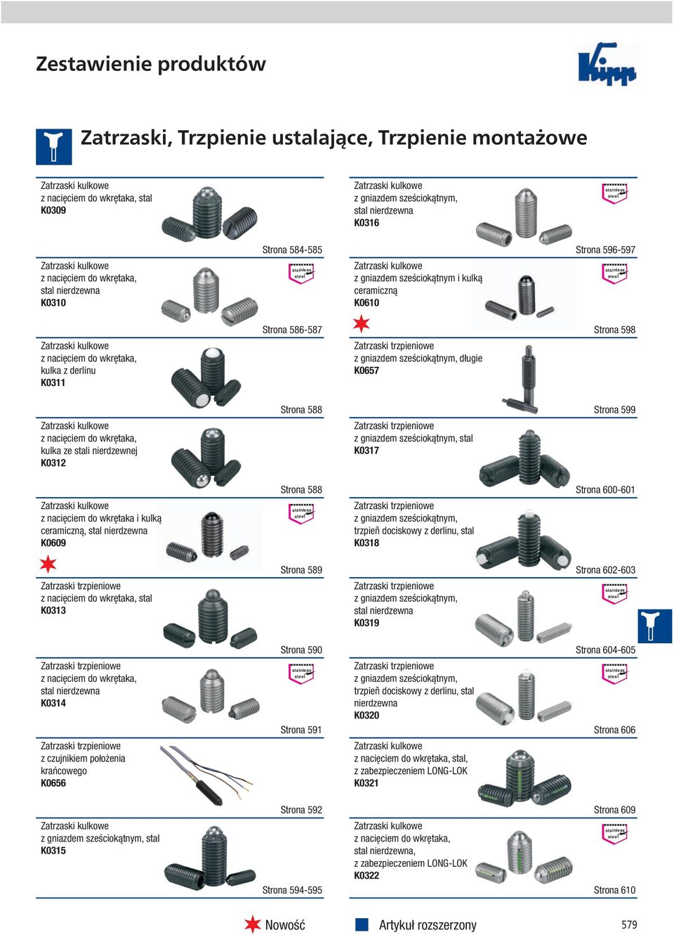 Zatrzaski kulkowe z gniazdem sześciokątnym i kulką ceramiczną K0610 Zatrzaski trzpieniowe z gniazdem sześciokątnym, długie K0657 Strona 596-597 stainless steel Strona 598 Zatrzaski kulkowe z