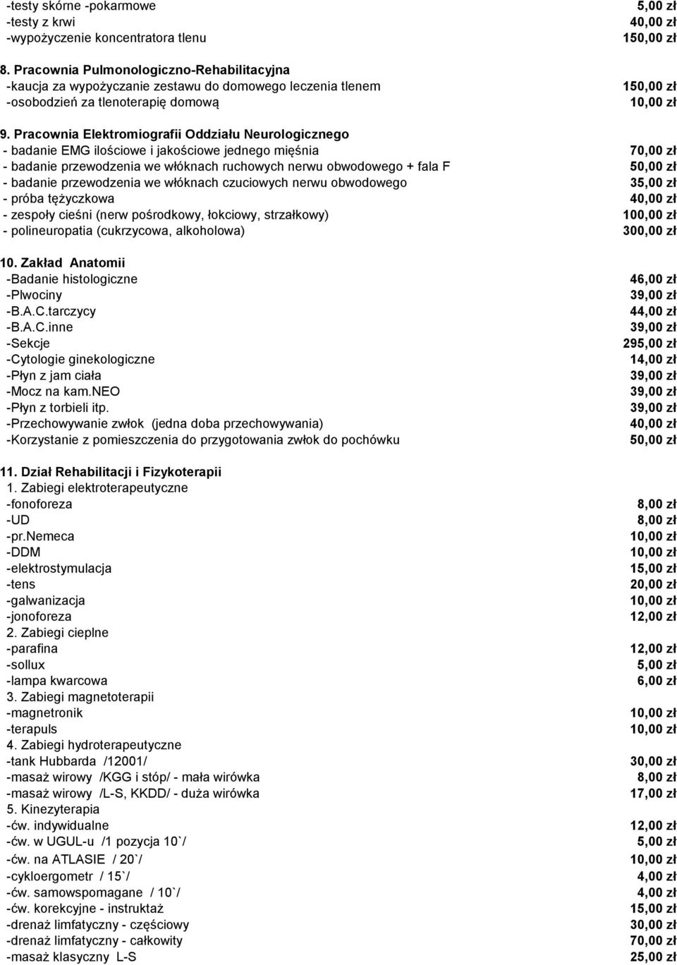 Pracownia Elektromiografii Oddziału Neurologicznego - badanie EMG ilościowe i jakościowe jednego mięśnia 70,00 zł - badanie przewodzenia we włóknach ruchowych nerwu obwodowego + fala F 50,00 zł -