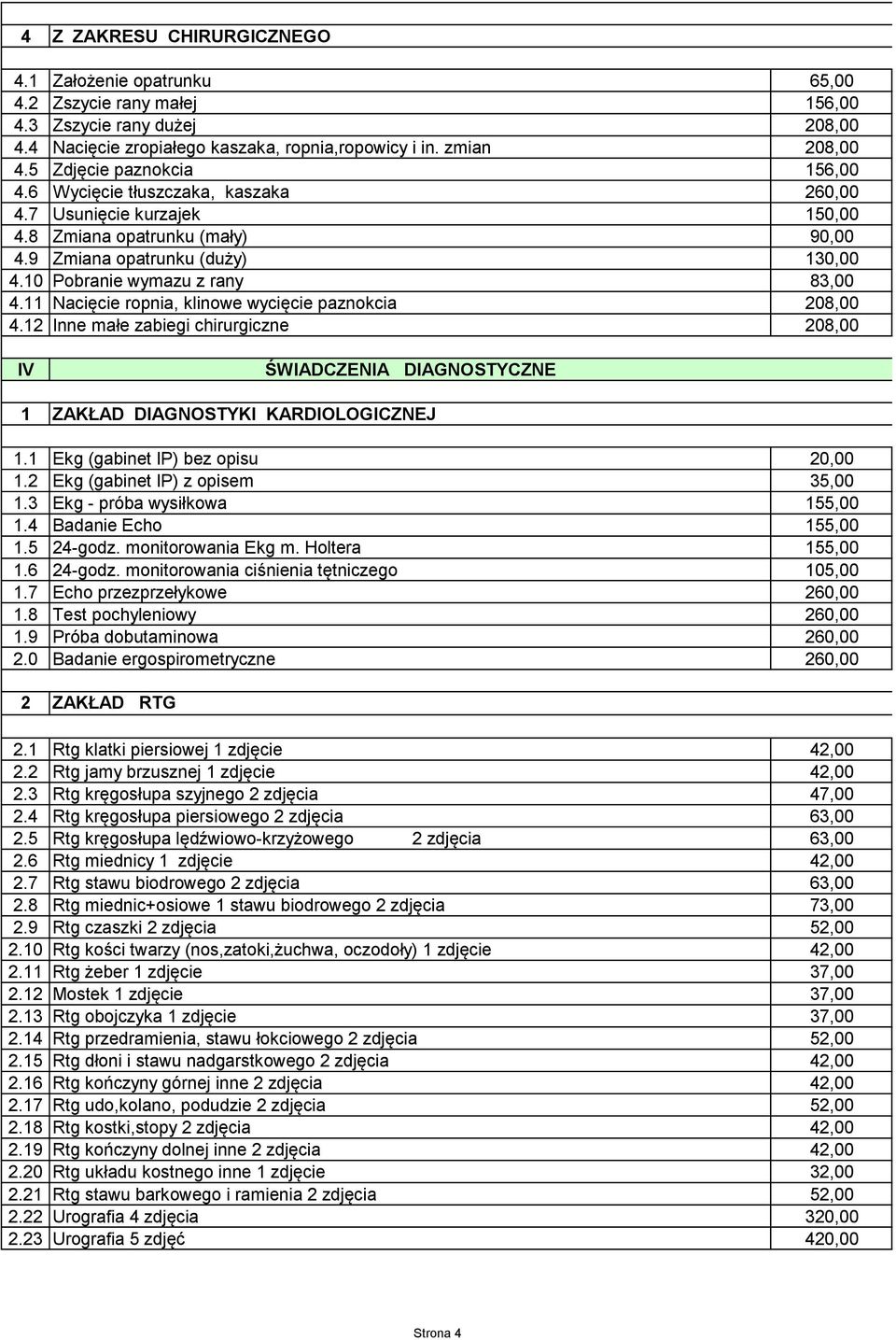 10 Pobranie wymazu z rany 83,00 4.11 Nacięcie ropnia, klinowe wycięcie paznokcia 208,00 4.12 Inne małe zabiegi chirurgiczne 208,00 IV ŚWIADCZENIA DIAGNOSTYCZNE 1 ZAKŁAD DIAGNOSTYKI KARDIOLOGICZNEJ 1.