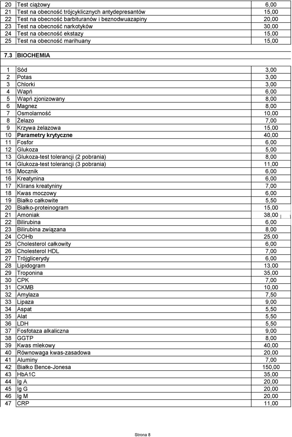 3 BIOCHEMIA 1 Sód 3,00 2 Potas 3,00 3 Chlorki 3,00 4 Wapń 6,00 5 Wapń zjonizowany 8,00 6 Magnez 8,00 7 Osmolarność 10,00 8 Żelazo 7,00 9 Krzywa żelazowa 15,00 10 Parametry krytyczne 40,00 11 Fosfor