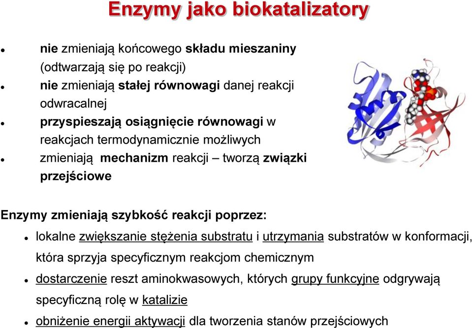 zmieniają szybkość reakcji poprzez: lokalne zwiększanie stężenia substratu i utrzymania substratów w konformacji, która sprzyja specyficznym reakcjom