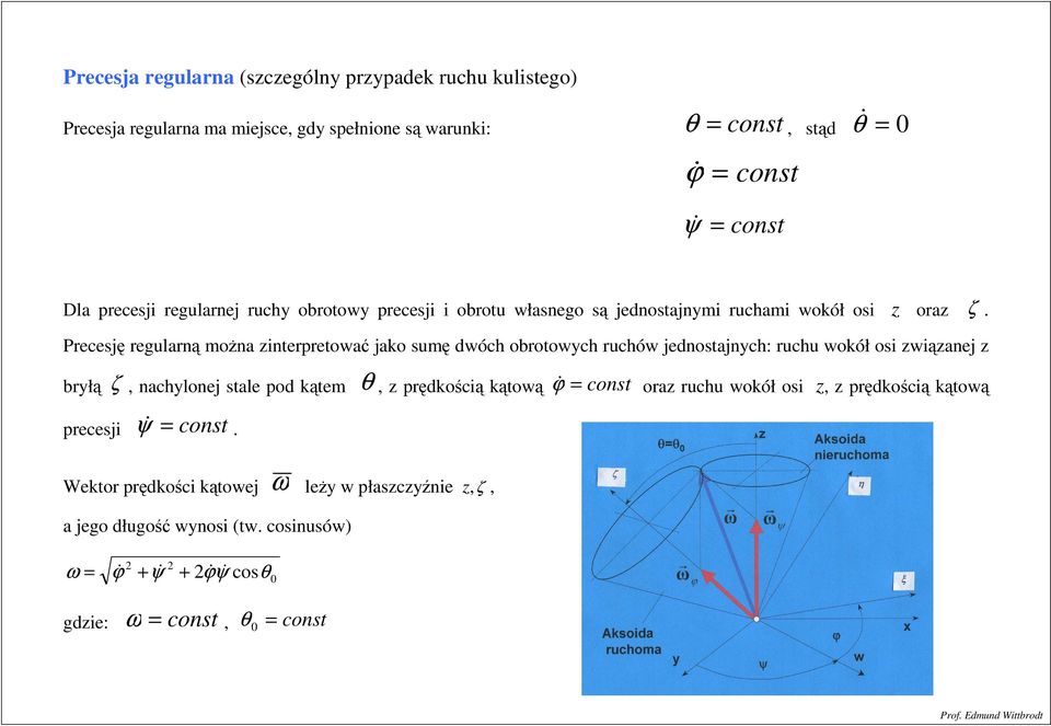 Pecesję egulaną można intepetować jako sumę dwóch obotowch uchów jednostajnch: uchu wokół osi wiąanej błą ζ, nachlonej stale pod kątem,