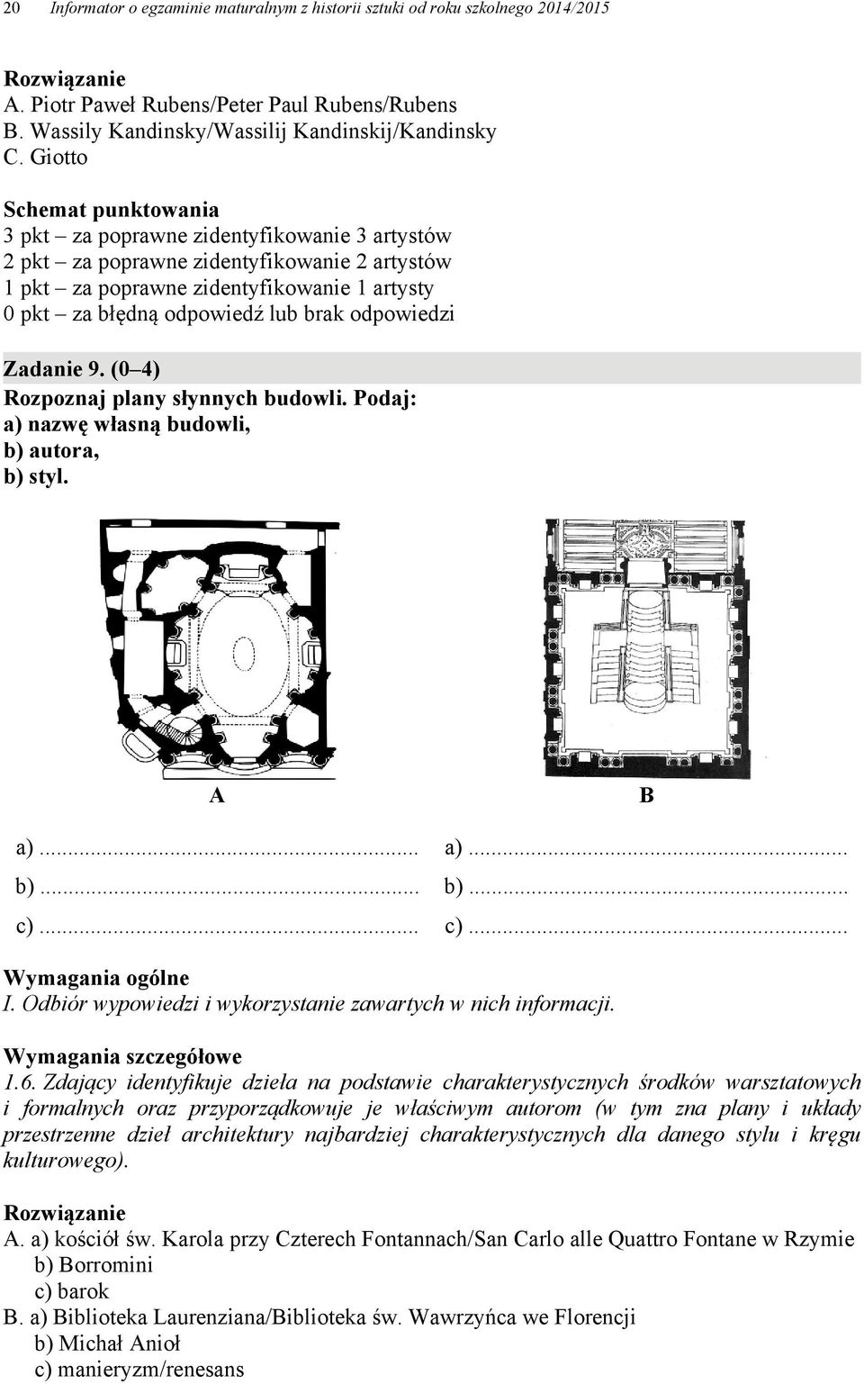 odpowiedzi Zadanie 9. (0 4) Rozpoznaj plany słynnych budowli. Podaj: a) nazwę własną budowli, b) autora, b) styl. A B a)... a)... b)... b)... c)... c)... Wymagania ogólne I.