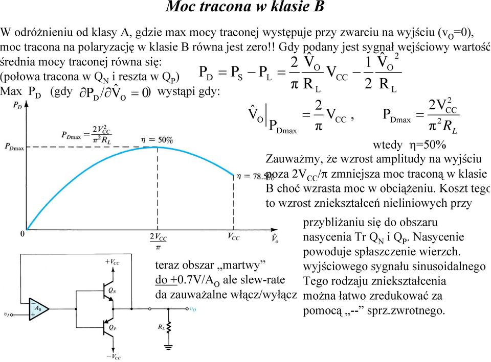 7/A ale slew-rate da zauważalne włącz/wyłącz π, Dmax π wtedy η50% Zauważmy, że wzrost amplitudy na wyjściu poza /π zmniejsza moc traconą w klasie B choć wzrasta moc w obciążeniu.