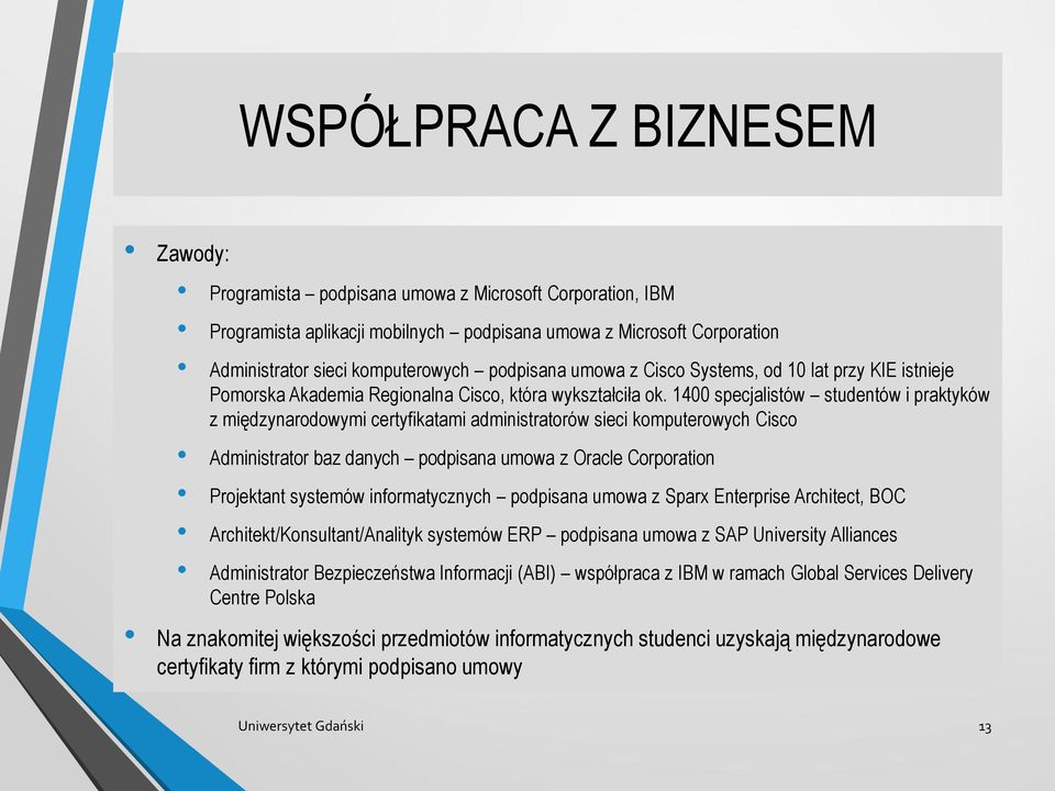 1400 specjalistów studentów i praktyków z międzynarodowymi certyfikatami administratorów sieci komputerowych Cisco Administrator baz danych podpisana umowa z Oracle Corporation Projektant systemów