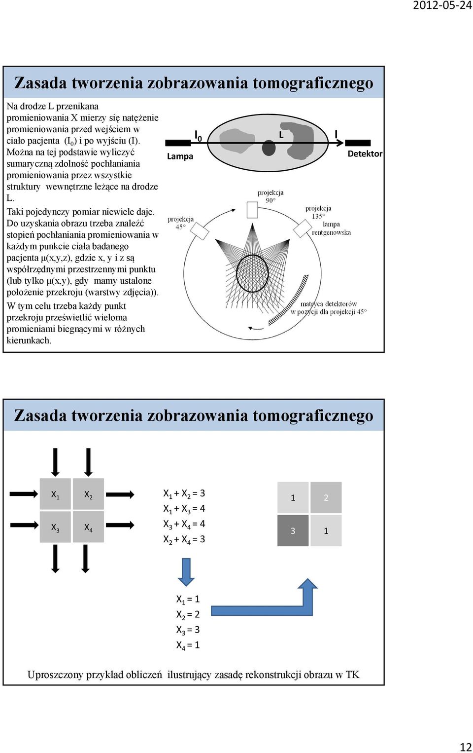 Do uzyskania obrazu trzeba znaleźć stopień pochłaniania promieniowania w każdym punkcie ciała badanego pacjenta μ(x,y,z), gdzie x, y i z są współrzędnymi przestrzennymi punktu (lub tylko μ(x,y), gdy