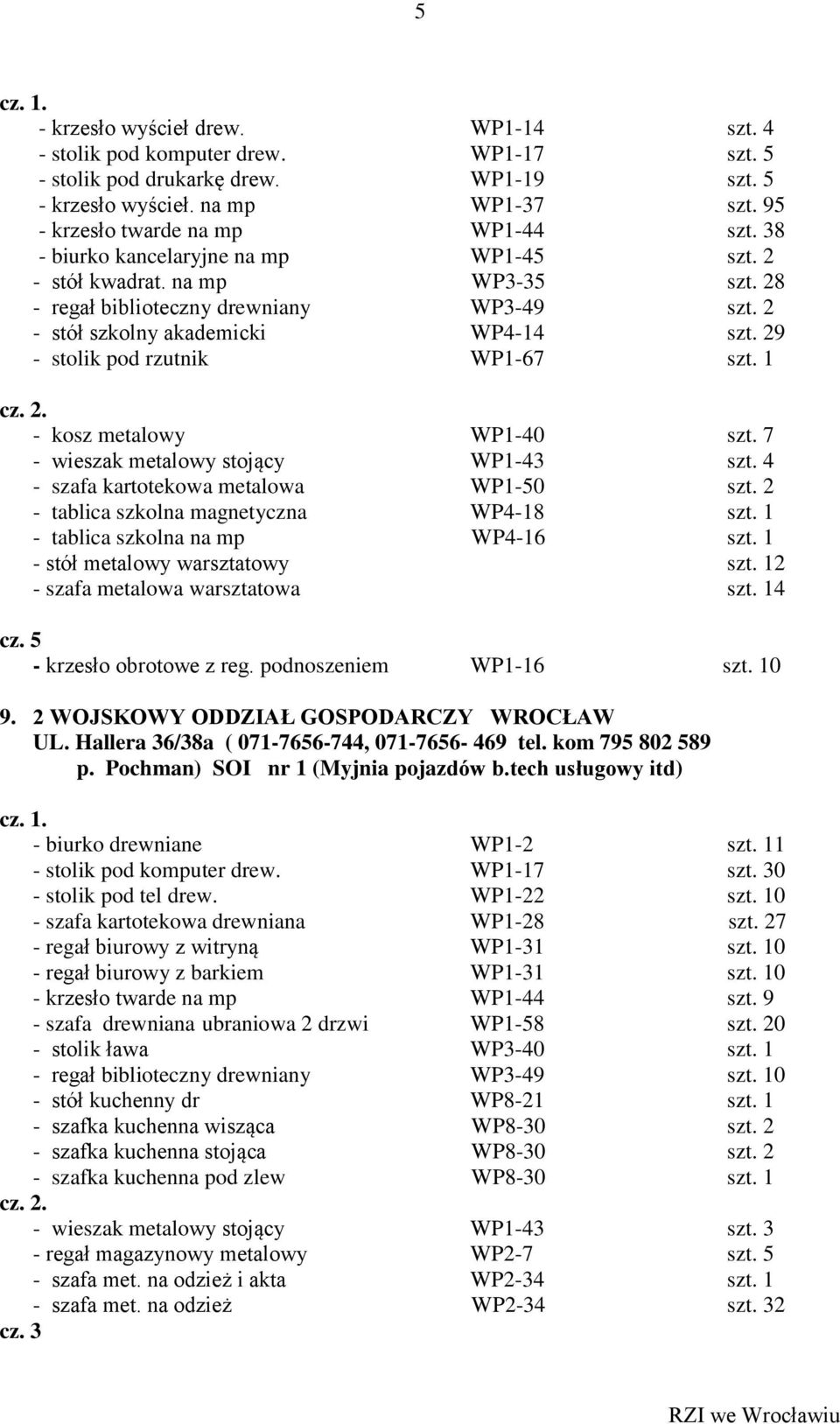 1 - kosz metalowy WP1-40 szt. 7 - wieszak metalowy stojący WP1-43 szt. 4 - szafa kartotekowa metalowa WP1-50 szt. 2 - tablica szkolna magnetyczna WP4-18 szt. 1 - tablica szkolna na mp WP4-16 szt.