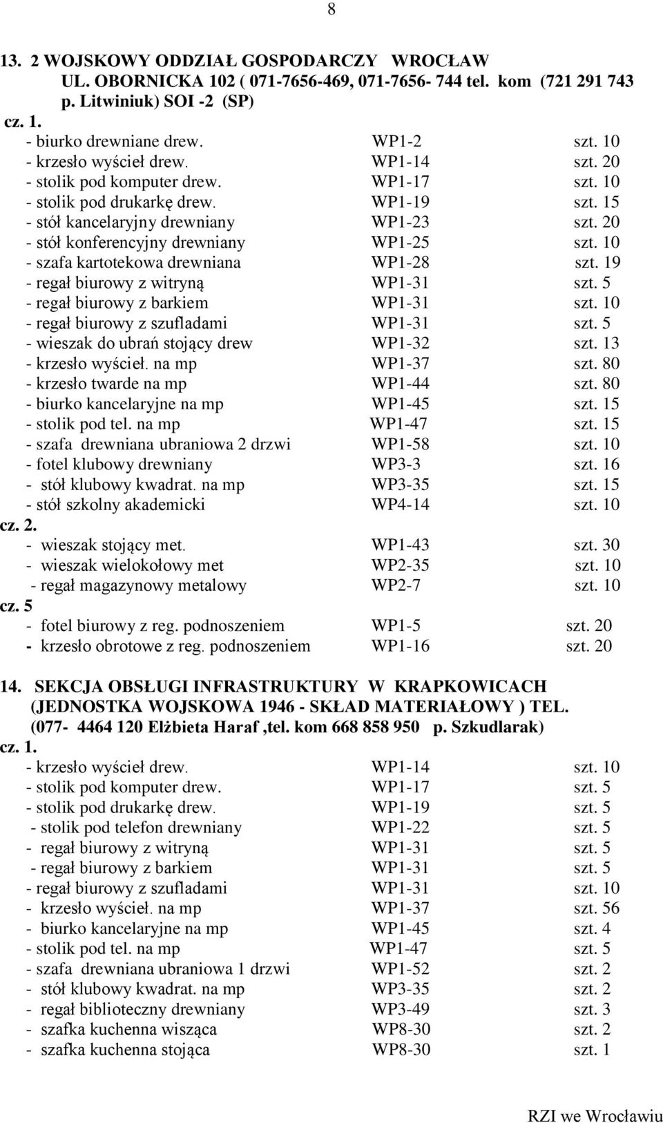 20 - stół konferencyjny drewniany WP1-25 szt. 10 - szafa kartotekowa drewniana WP1-28 szt. 19 - regał biurowy z witryną WP1-31 szt. 5 - regał biurowy z barkiem WP1-31 szt.