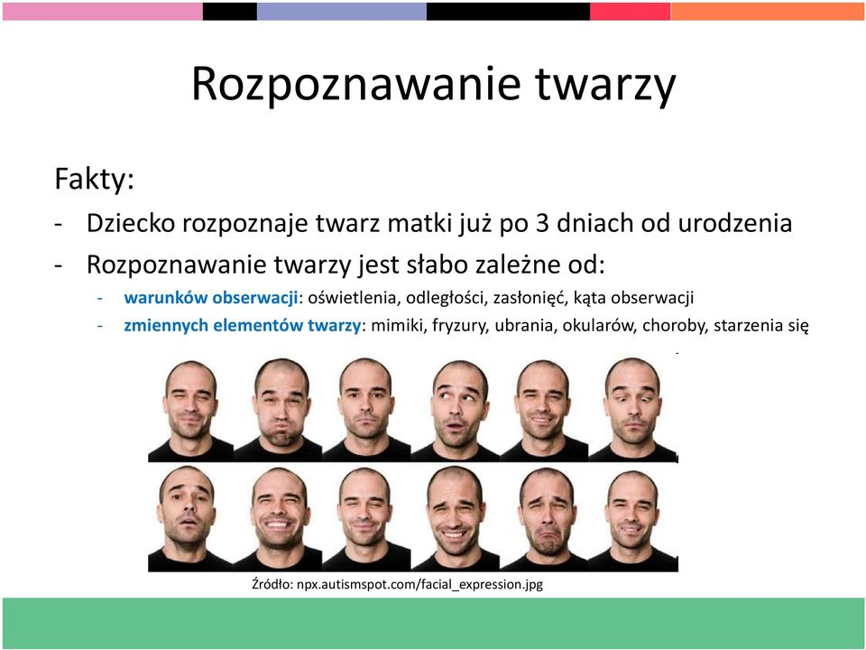 oświetlenia, odległości, zasłonięć, kąta obserwacji - zmiennych elementów twarzy: