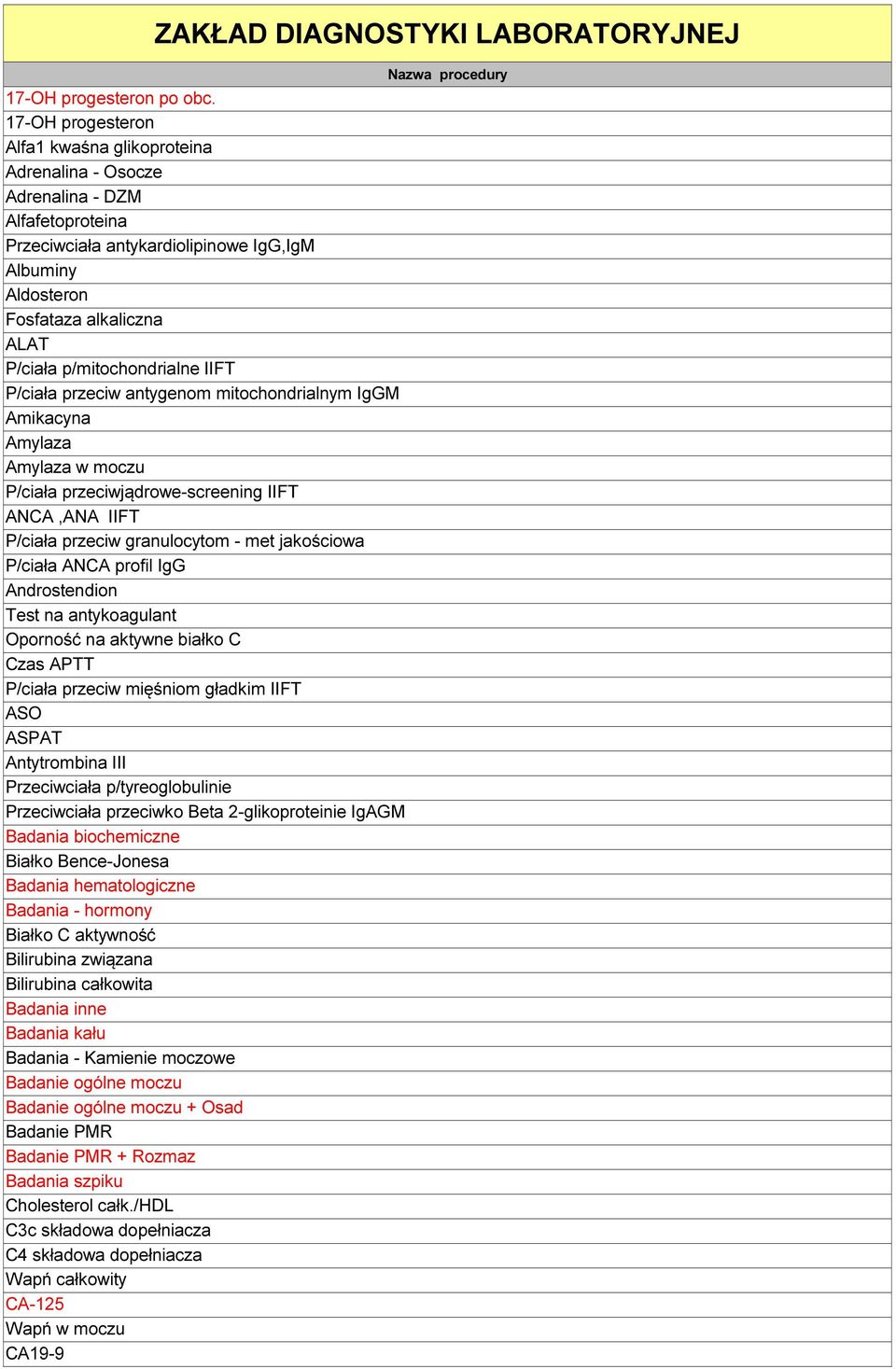 p/mitochondrialne IIFT P/ciała przeciw antygenom mitochondrialnym IgGM Amikacyna Amylaza Amylaza w moczu P/ciała przeciwjądrowe-screening IIFT ANCA,ANA IIFT P/ciała przeciw granulocytom - met