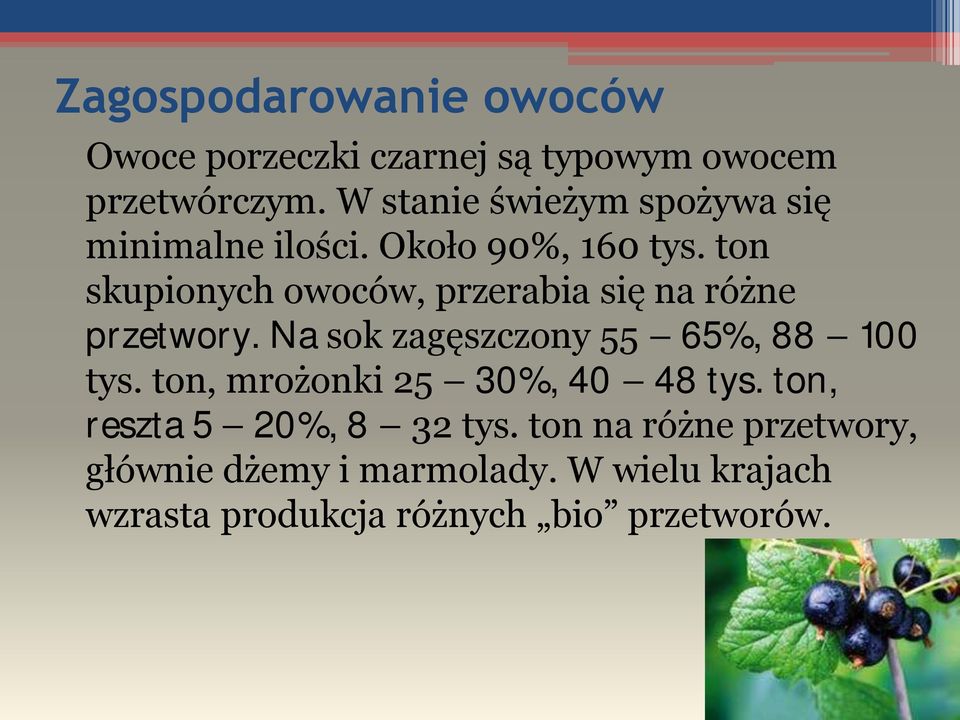 ton skupionych owoców, przerabia się na różne przetwory. Na sok zagęszczony 55 65%, 88 100 tys.