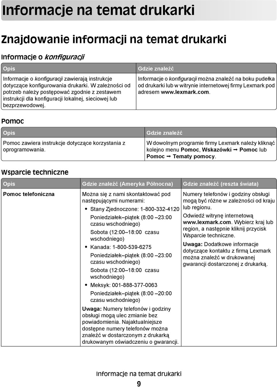 Gdzie znaleźć Informacje o konfiguracji można znaleźć na boku pudełka od drukarki lub w witrynie internetowej firmy Lexmark pod adresem www.lexmark.com.