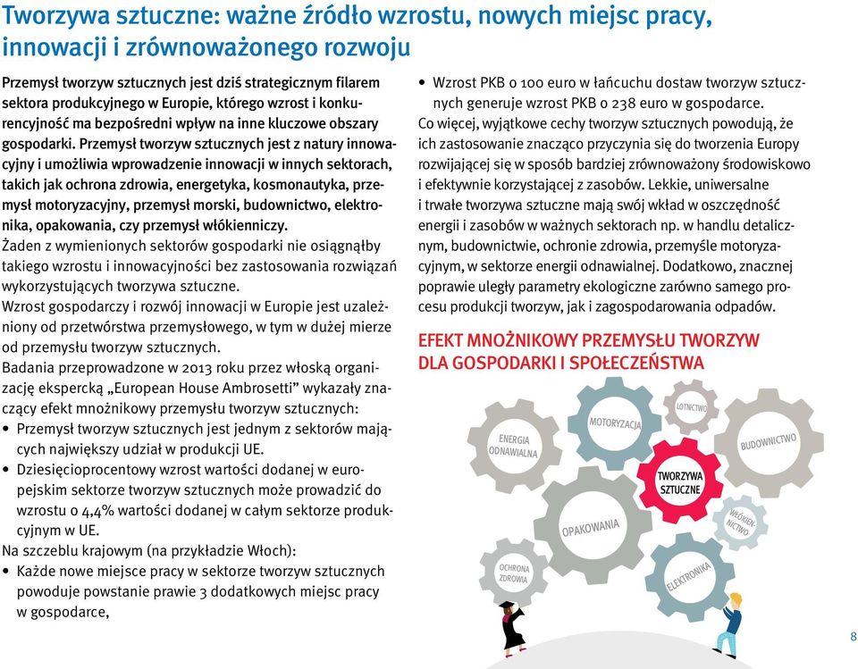 Przemysł tworzyw sztucznych jest z natury innowacyjny i umożliwia wprowadzenie innowacji w innych sektorach, takich jak ochrona zdrowia, energetyka, kosmonautyka, przemysł motoryzacyjny, przemysł