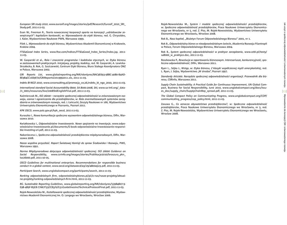 Kaler, Wydawnictwo Naukowe PWN, Warszawa 1999. Filek J., Wprowadzenie do etyki biznesu, Wydawnictwo Akademii Ekonomicznej w Krakowie, Kraków 2004. FTSE4Good Index Series, www.ftse.