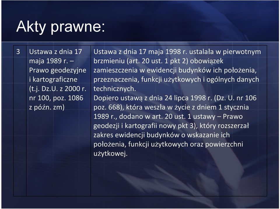 1 pkt 2) obowiązek zamieszczenia w ewidencji budynków ich położenia, przeznaczenia, funkcji użytkowych i ogólnych danych technicznych.