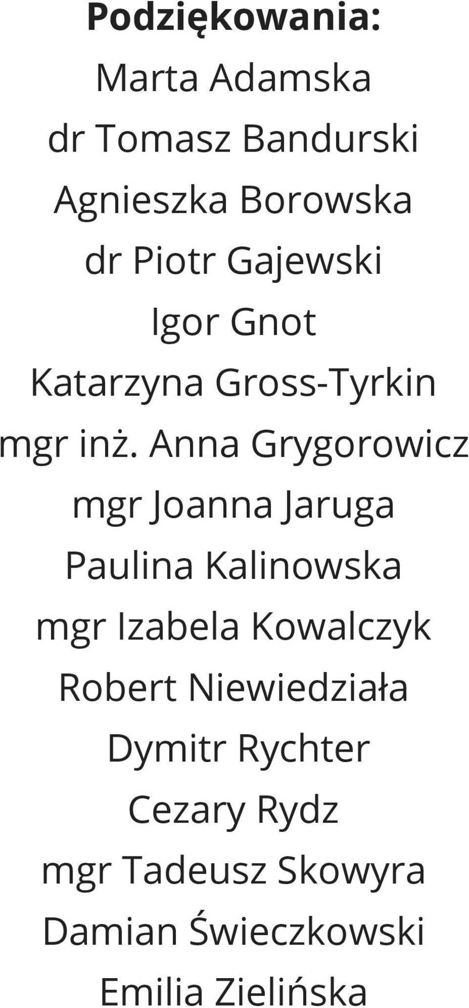 Anna Grygorowicz mgr Joanna Jaruga Paulina Kalinowska mgr Izabela Kowalczyk