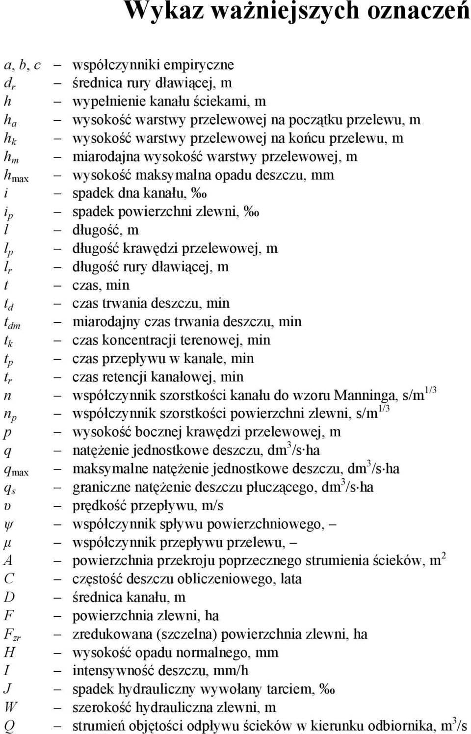 p długość krawędzi przelewowej, m l r długość rury dławiącej, m t czas, min t d czas trwania deszczu, min t dm miarodajny czas trwania deszczu, min t k czas koncentracji terenowej, min t p czas