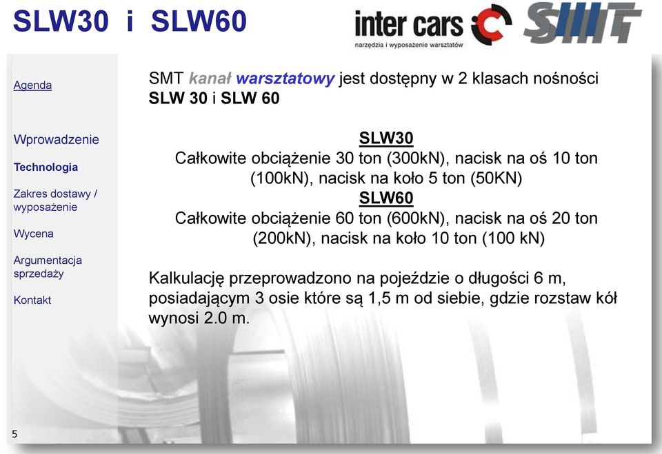 nacisk na koło 5 ton (50KN) SLW60 Całkowite obciążenie 60 ton (600kN), nacisk na oś 20 ton (200kN), nacisk na koło 10 ton (100