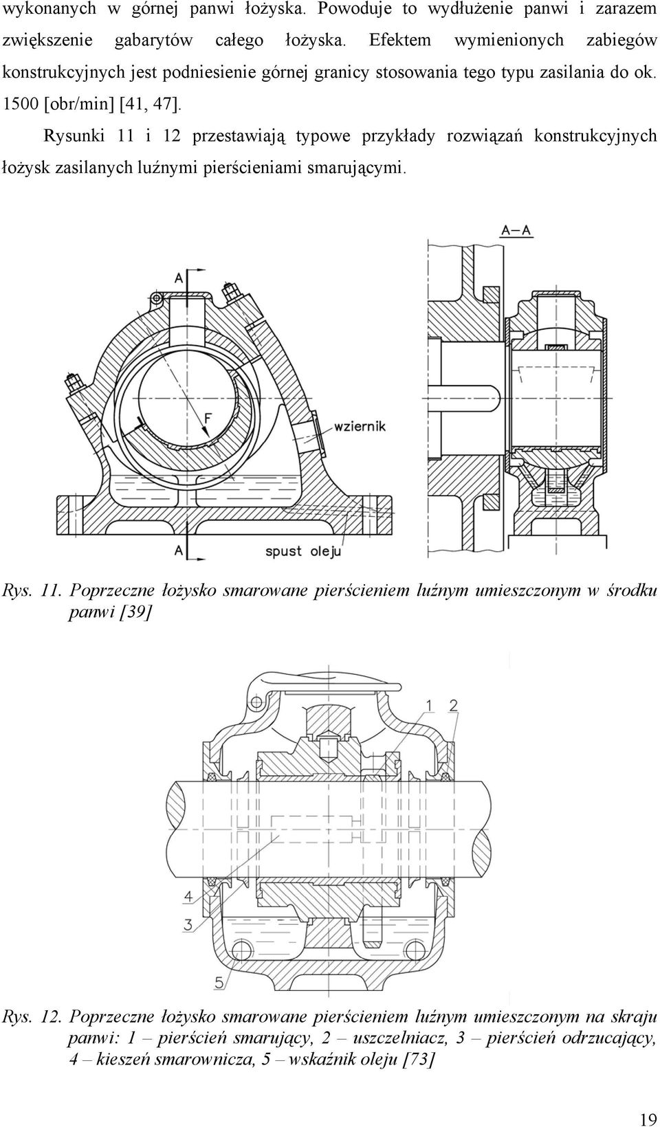 Rysunki 11 i 12 przestawiają typowe przykłady rozwiązań konstrukcyjnych łożysk zasilanych luźnymi pierścieniami smarującymi. Rys. 11. Poprzeczne łożysko smarowane pierścieniem luźnym umieszczonym w środku panwi [39] Rys.