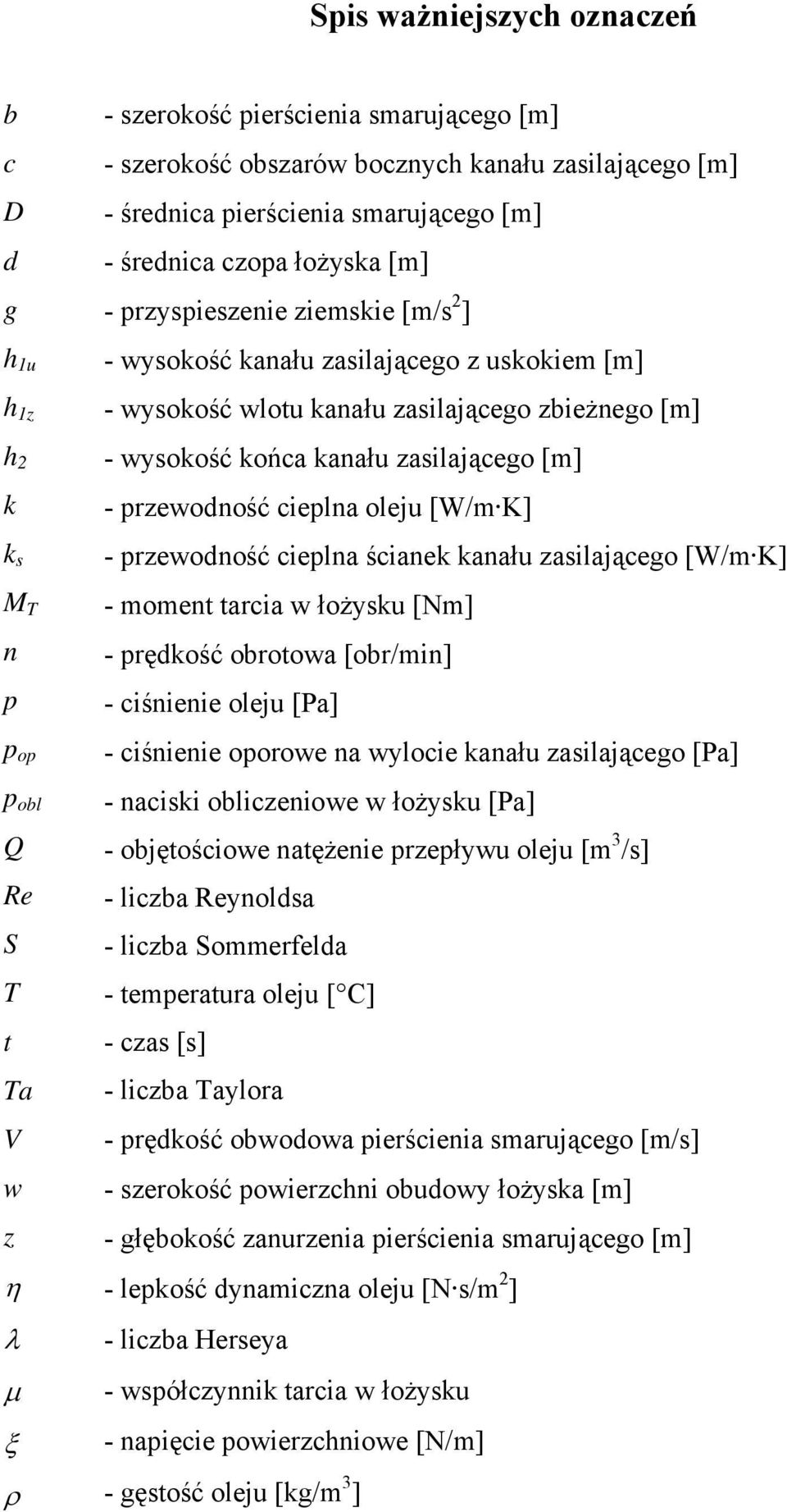 - wysokość końca kanału zasilającego [m] - przewodność cieplna oleju [W/m K] - przewodność cieplna ścianek kanału zasilającego [W/m K] - moment tarcia w łożysku [Nm] - prędkość obrotowa [obr/min] -