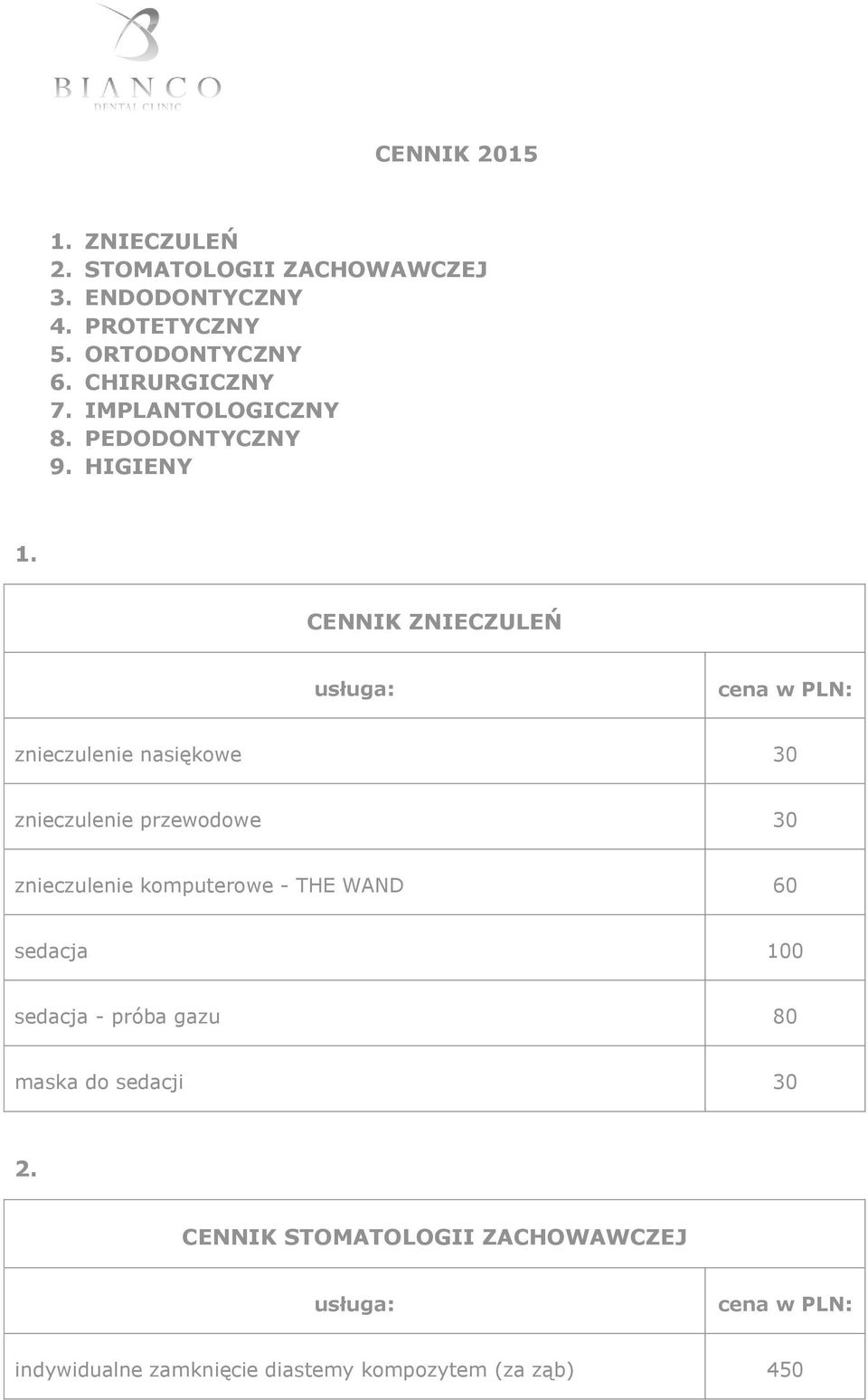 CENNIK ZNIECZULEŃ znieczulenie nasiękowe 30 znieczulenie przewodowe 30 znieczulenie komputerowe - THE WAND