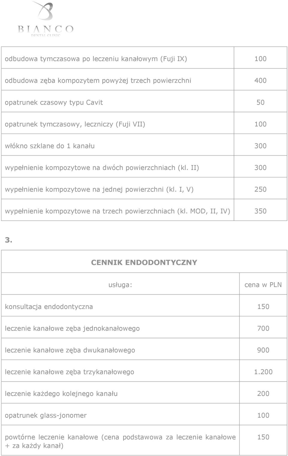 I, V) 250 wypełnienie kompozytowe na trzech powierzchniach (kl. MOD, II, IV) 350 3.