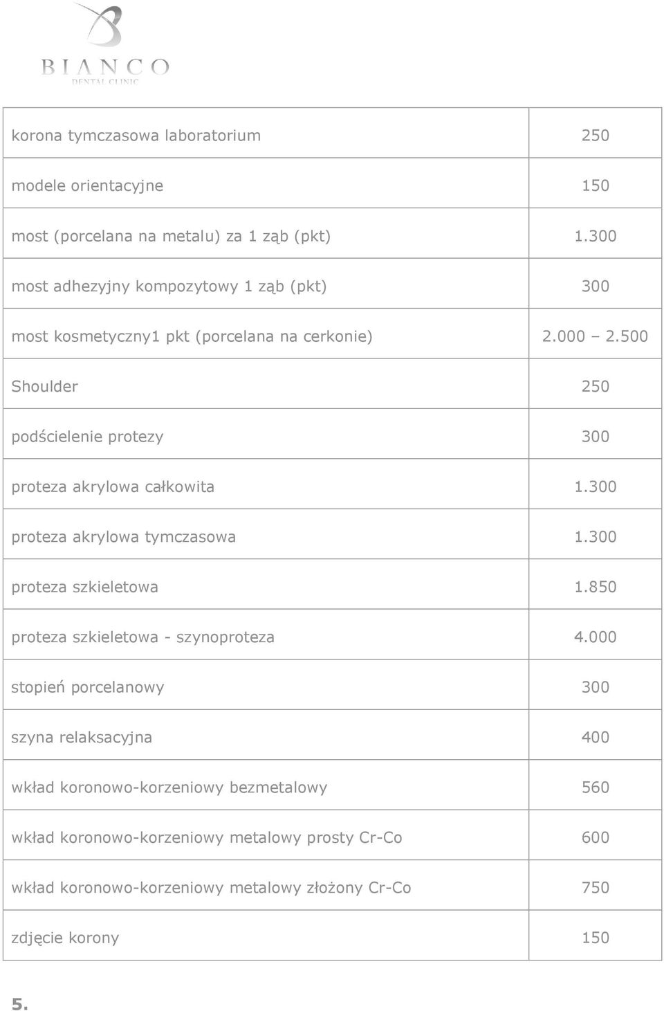 500 Shoulder 250 podścielenie protezy 300 proteza akrylowa całkowita 1.300 proteza akrylowa tymczasowa 1.300 proteza szkieletowa 1.