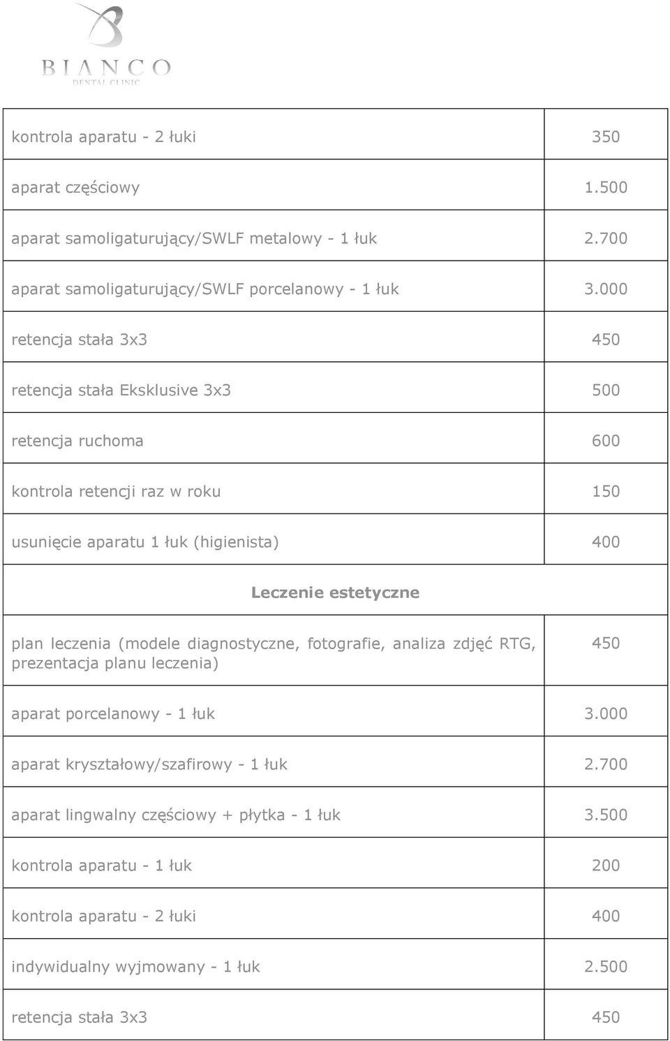 estetyczne plan leczenia (modele diagnostyczne, fotografie, analiza zdjęć RTG, prezentacja planu leczenia) 450 aparat porcelanowy - 1 łuk 3.