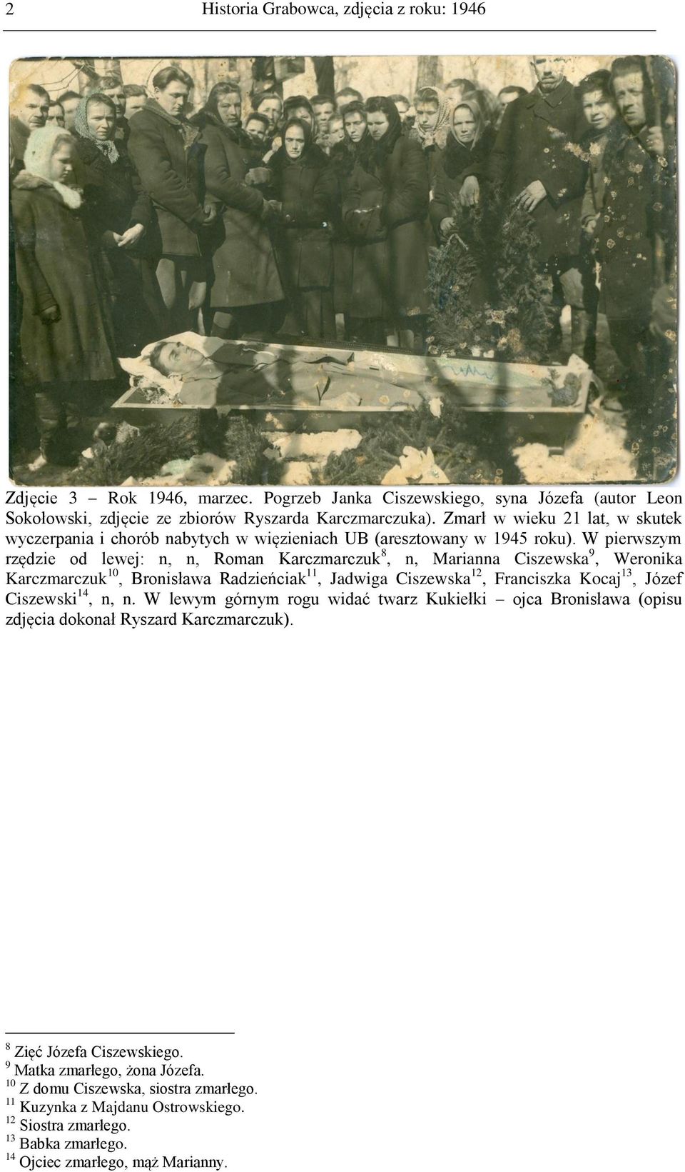 W pierwszym rzędzie od lewej: n, n, Roman Karczmarczuk 8, n, Marianna Ciszewska 9, Weronika Karczmarczuk 10, Bronisława Radzieńciak 11, Jadwiga Ciszewska 12, Franciszka Kocaj 13, Józef Ciszewski 14,