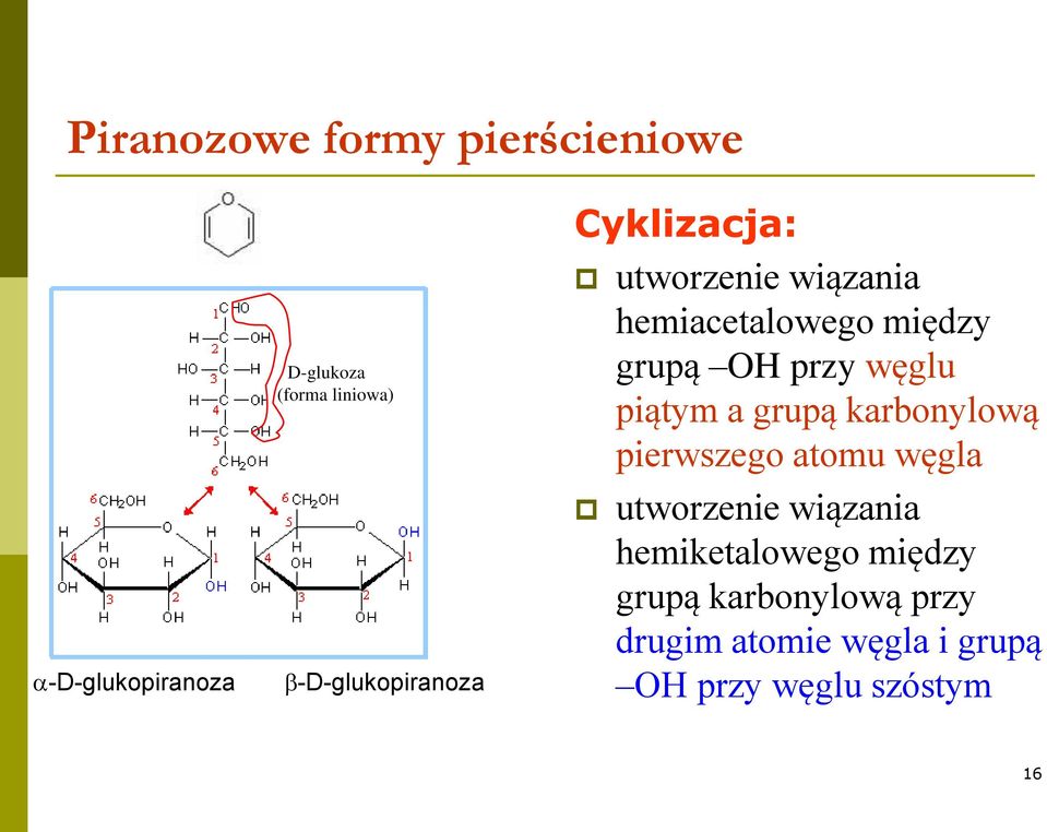 przy węglu piątym a grupą karbonylową pierwszego atomu węgla utworzenie wiązania