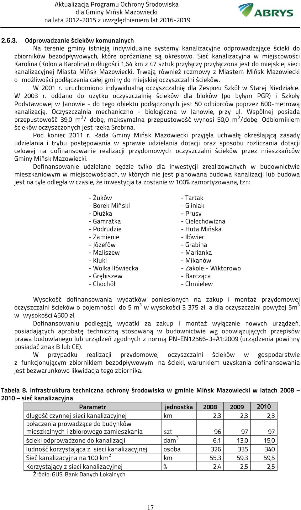 Trwają również rozmowy z Miastem Mińsk Mazowiecki o możliwości podłączenia całej gminy do miejskiej oczyszczalni ścieków. W 2001 r.