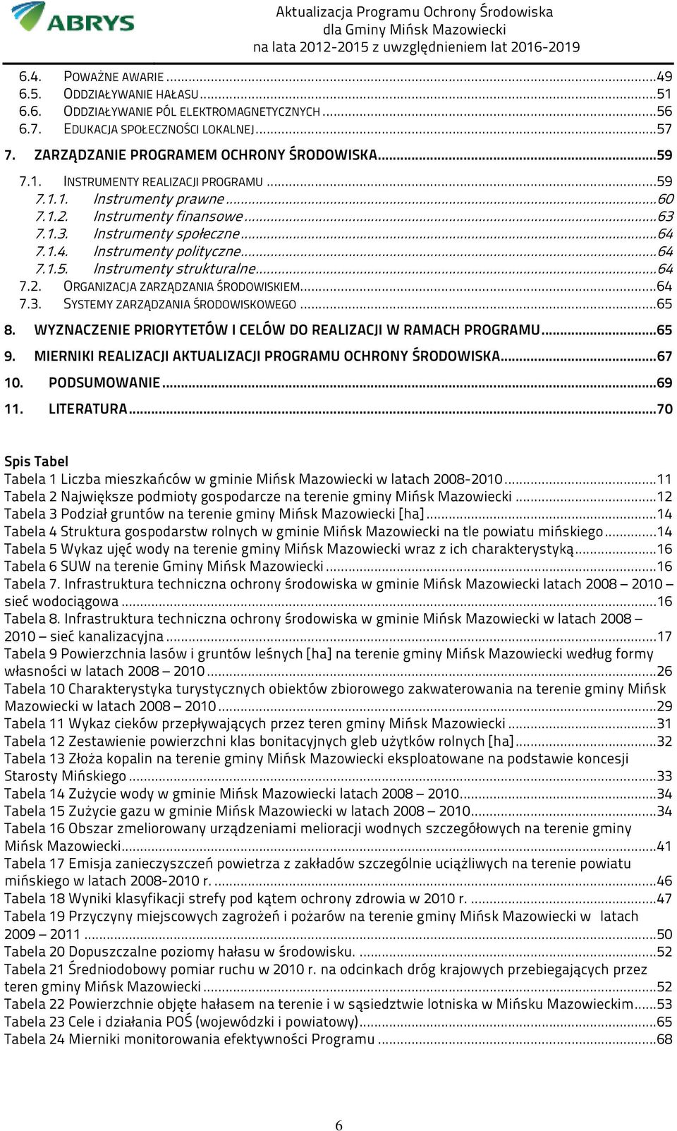 ..64 7.3. SYSTEMY ZARZĄDZANIA ŚRODOWISKOWEGO...65 8. WYZNACZENIE PRIORYTETÓW I CELÓW DO REALIZACJI W RAMACH PROGRAMU...65 9. MIERNIKI REALIZACJI AKTUALIZACJI PROGRAMU OCHRONY ŚRODOWISKA...67 10.