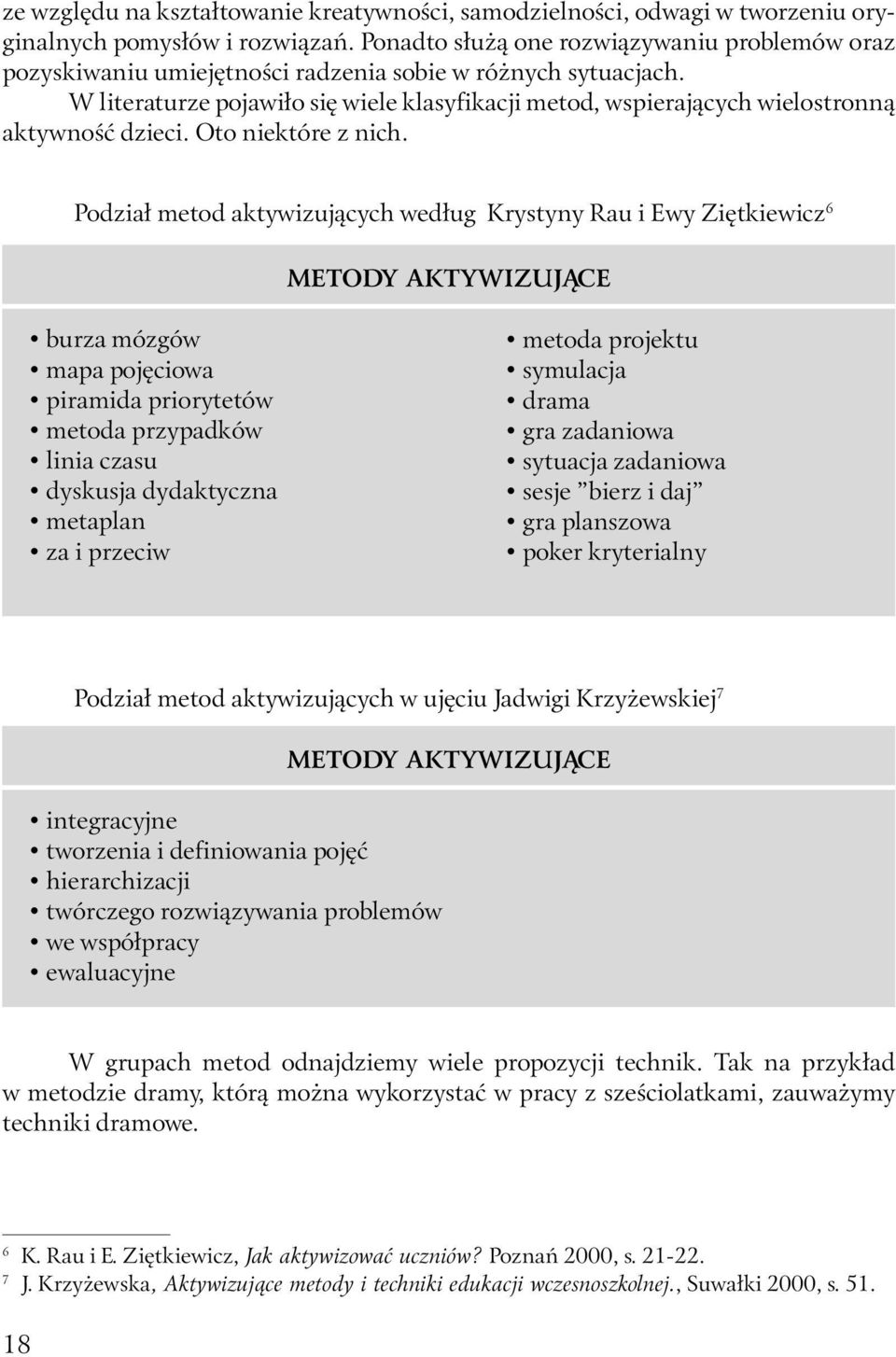 W literaturze pojawiło się wiele klasyfikacji metod, wspierających wielostronną aktywność dzieci. Oto niektóre z nich.