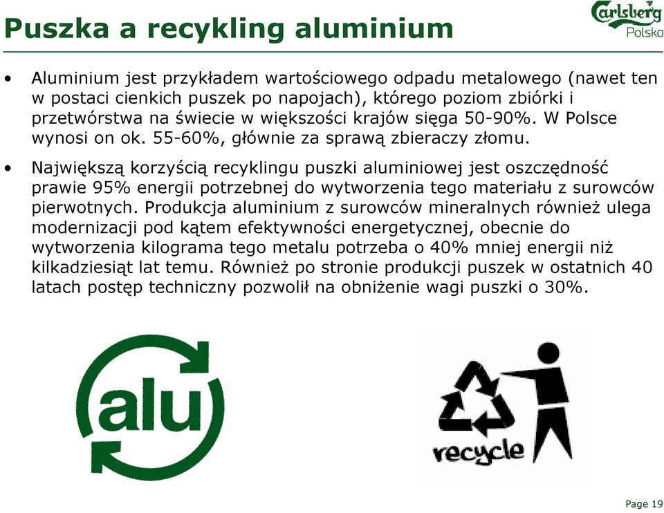 Największą korzyścią recyklingu puszki aluminiowej jest oszczędność prawie 95% energii potrzebnej do wytworzenia tego materiału z surowców pierwotnych.