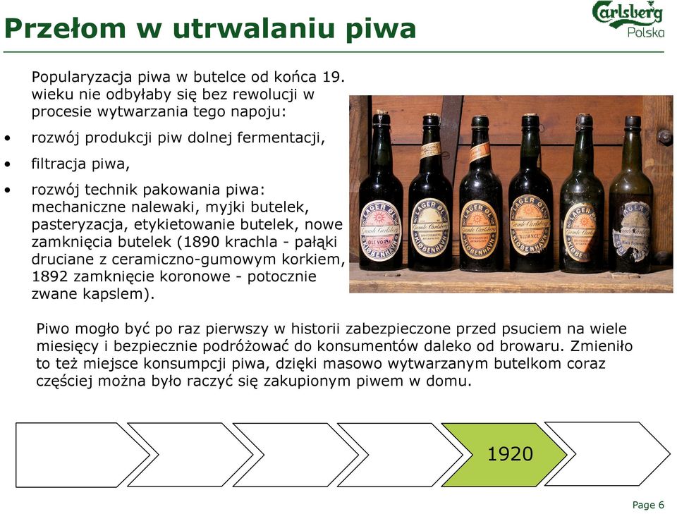 myjki butelek, pasteryzacja, etykietowanie butelek, nowe zamknięcia butelek (1890 krachla - pałąki druciane z ceramiczno-gumowym korkiem, 1892 zamknięcie koronowe - potocznie zwane