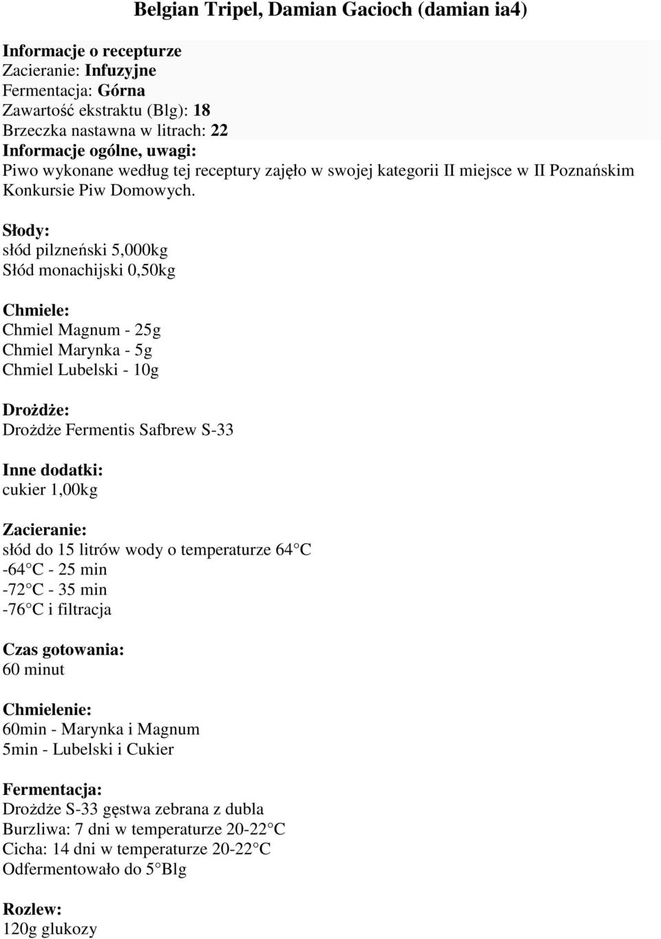 słód pilzneński 5,000kg Słód monachijski 0,50kg Chmiel Magnum - 25g Chmiel Marynka - 5g Chmiel Lubelski - 10g Drożdże Fermentis Safbrew S-33 Inne dodatki: cukier 1,00kg słód do 15