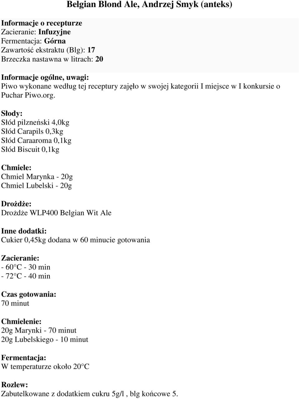 Słód pilzneński 4,0kg Słód Carapils 0,3kg Słód Caraaroma 0,1kg Słód Biscuit 0,1kg Chmiel Marynka - 20g Chmiel Lubelski - 20g Drożdże WLP400 Belgian Wit